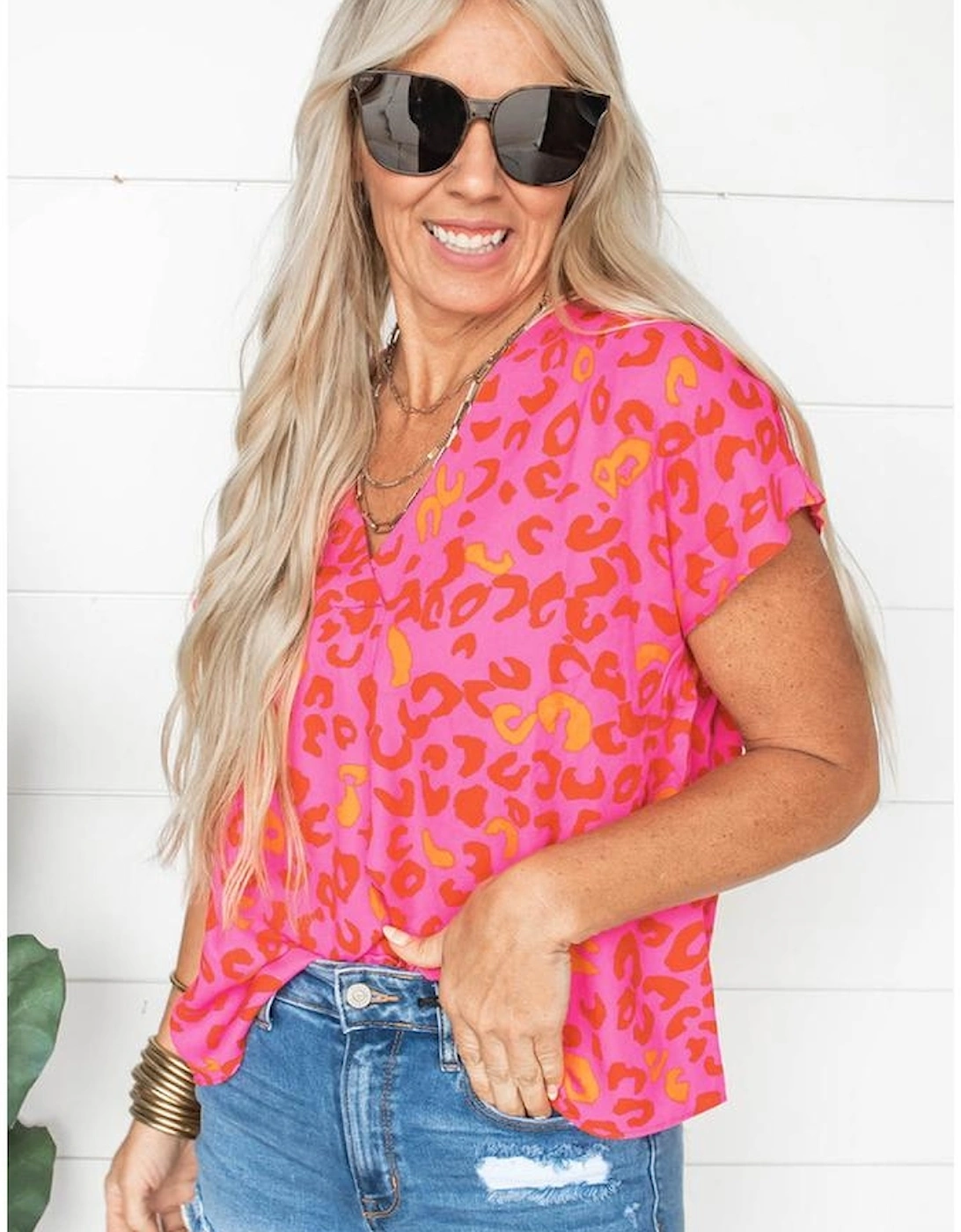 Pink Leopard V Neck Short Sleeve Blouse