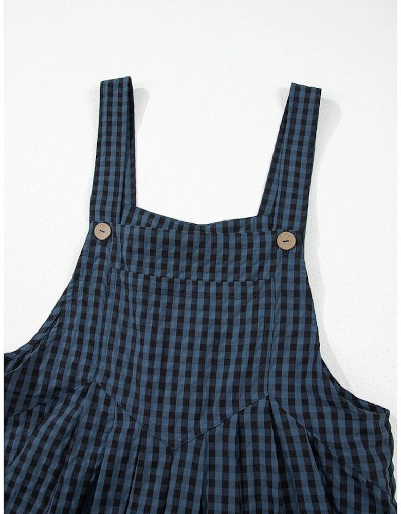 Sail Blue Plaid Print Buttoned Pocketed High Waist Overall