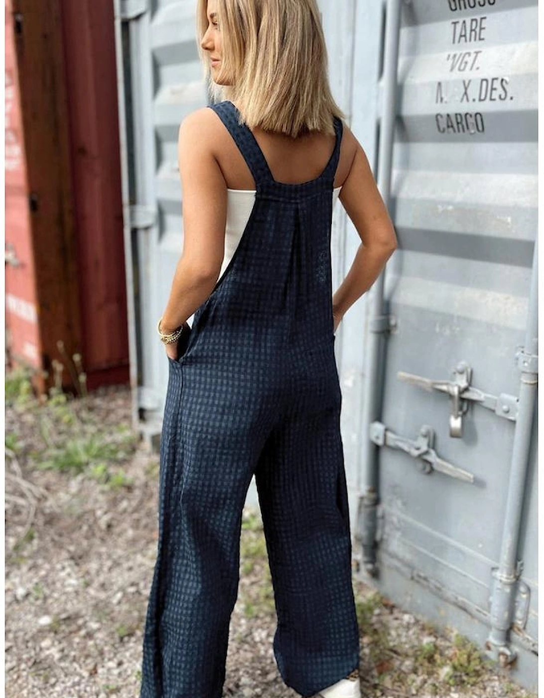 Sail Blue Plaid Print Buttoned Pocketed High Waist Overall