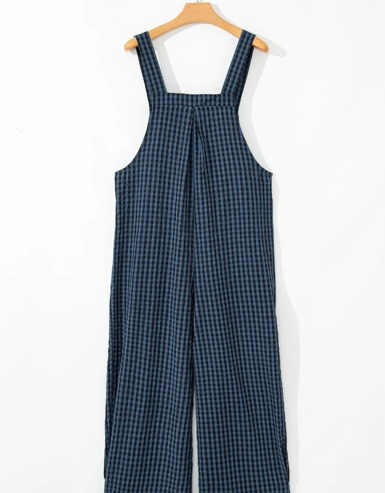 Sail Blue Plaid Print Buttoned Pocketed High Waist Overall
