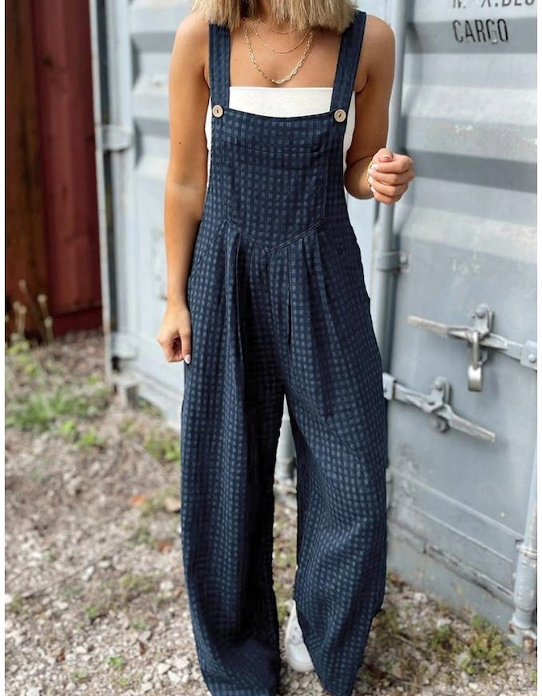 Sail Blue Plaid Print Buttoned Pocketed High Waist Overall