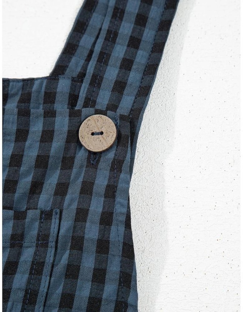 Sail Blue Plaid Print Buttoned Pocketed High Waist Overall