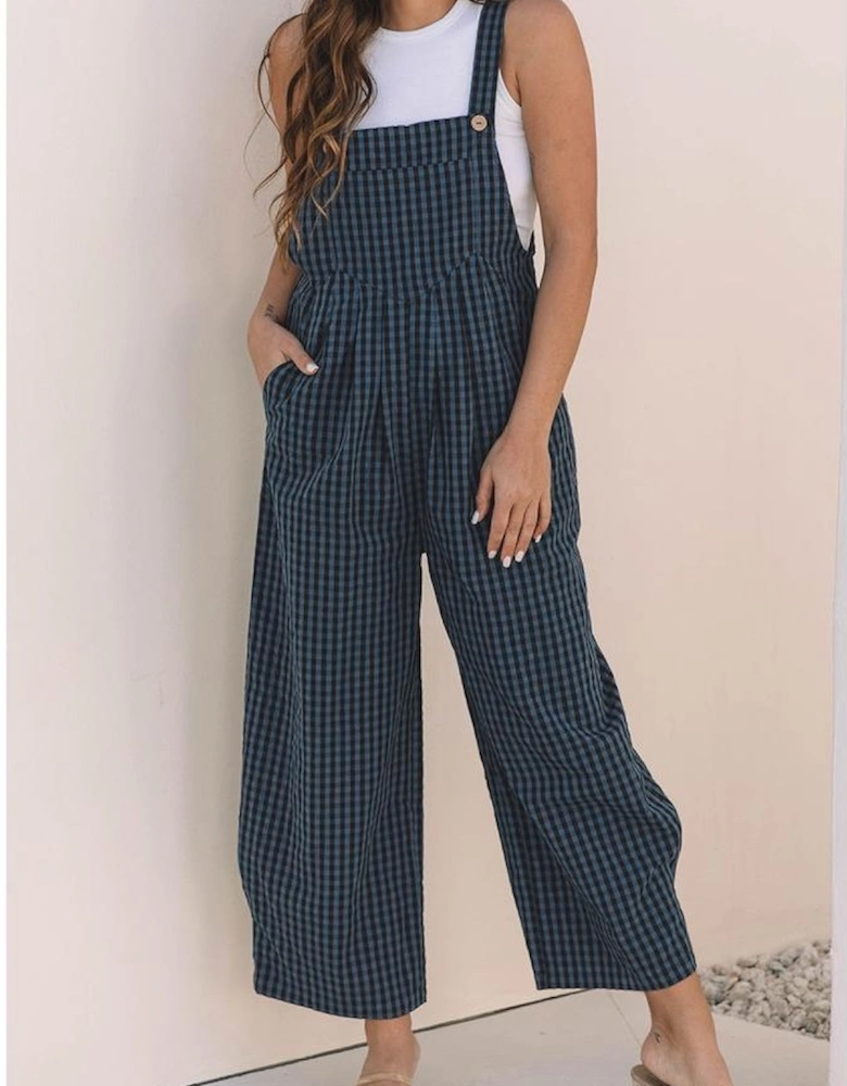 Sail Blue Plaid Print Buttoned Pocketed High Waist Overall