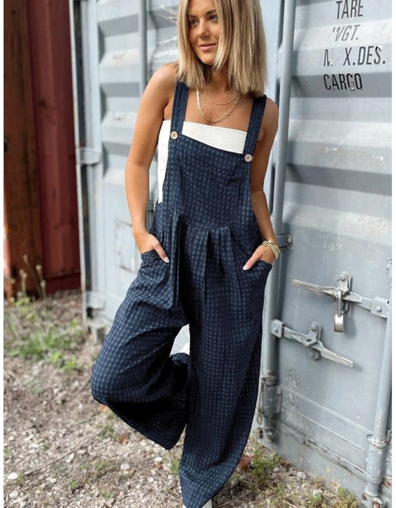 Sail Blue Plaid Print Buttoned Pocketed High Waist Overall
