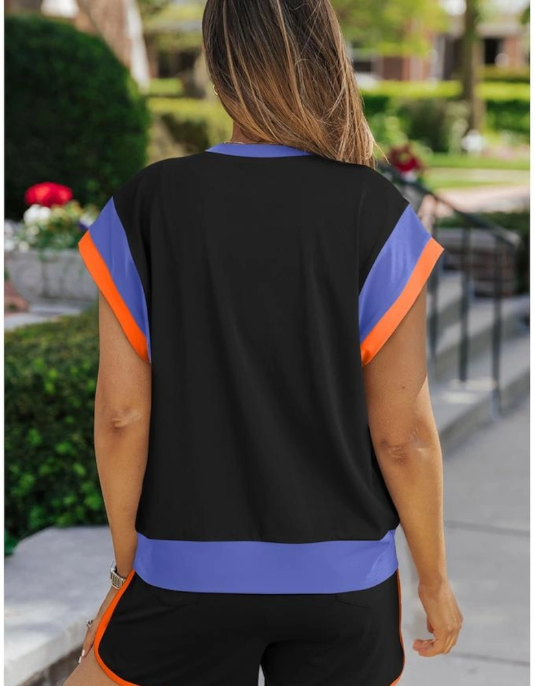 Black Contrast Trim Cap Sleeve Tee Shorts Set