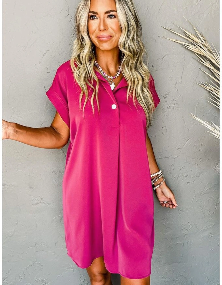 Rose Red Buttoned Collar Shift T-shirt Mini Dress