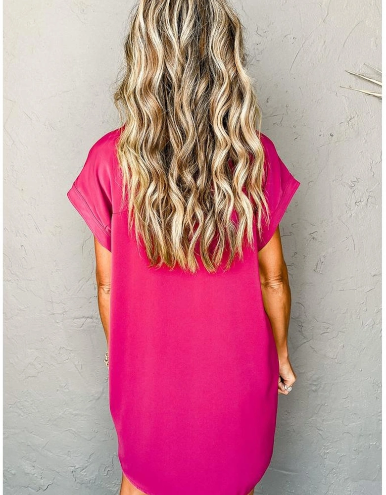 Rose Red Buttoned Collar Shift T-shirt Mini Dress