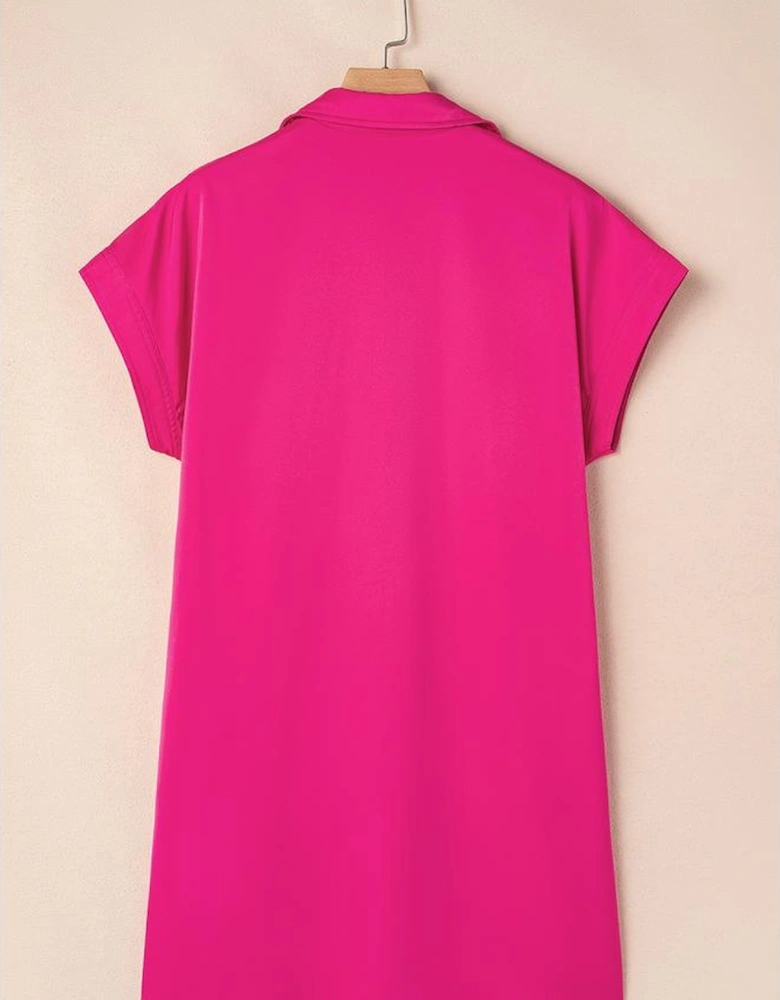 Rose Red Buttoned Collar Shift T-shirt Mini Dress
