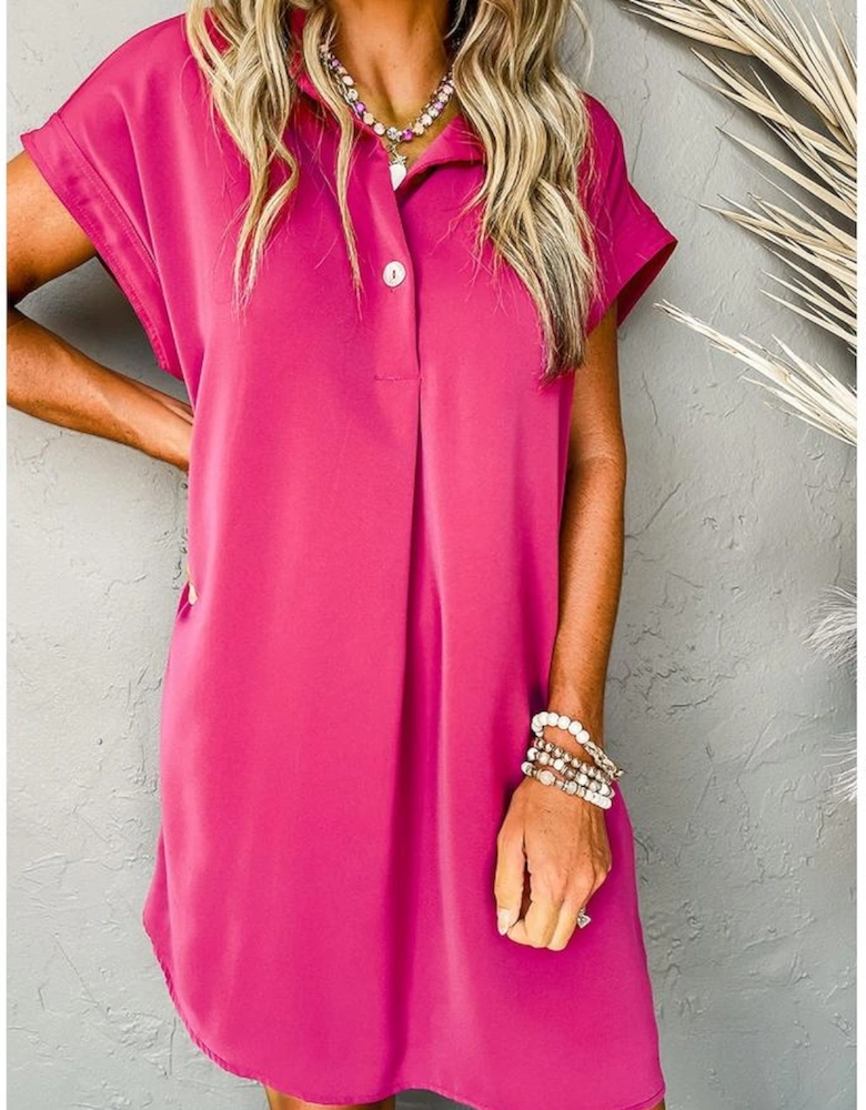 Rose Red Buttoned Collar Shift T-shirt Mini Dress