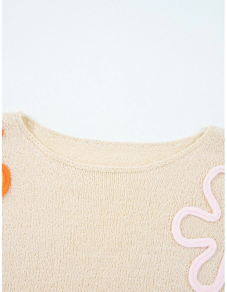 Jet Stream Contrast Flower Detail Colorblock Cuffed Loose Sweater