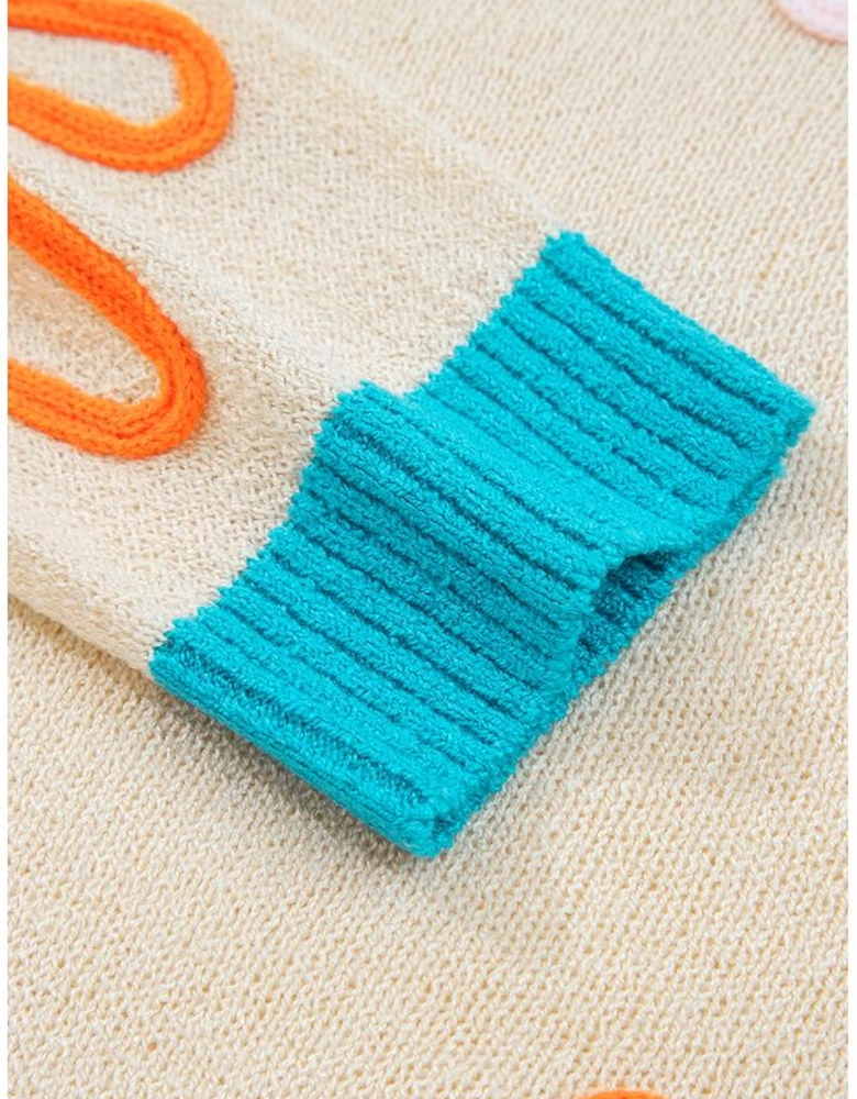 Jet Stream Contrast Flower Detail Colorblock Cuffed Loose Sweater