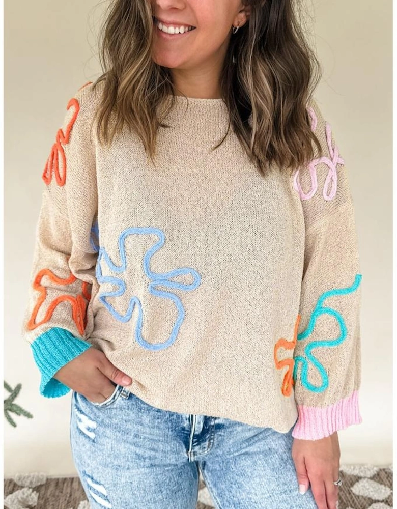 Jet Stream Contrast Flower Detail Colorblock Cuffed Loose Sweater