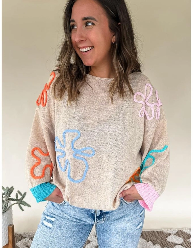 Jet Stream Contrast Flower Detail Colorblock Cuffed Loose Sweater