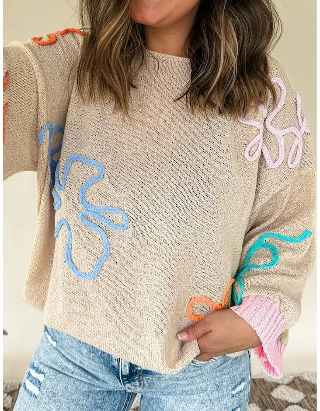 Jet Stream Contrast Flower Detail Colorblock Cuffed Loose Sweater, 11 of 10