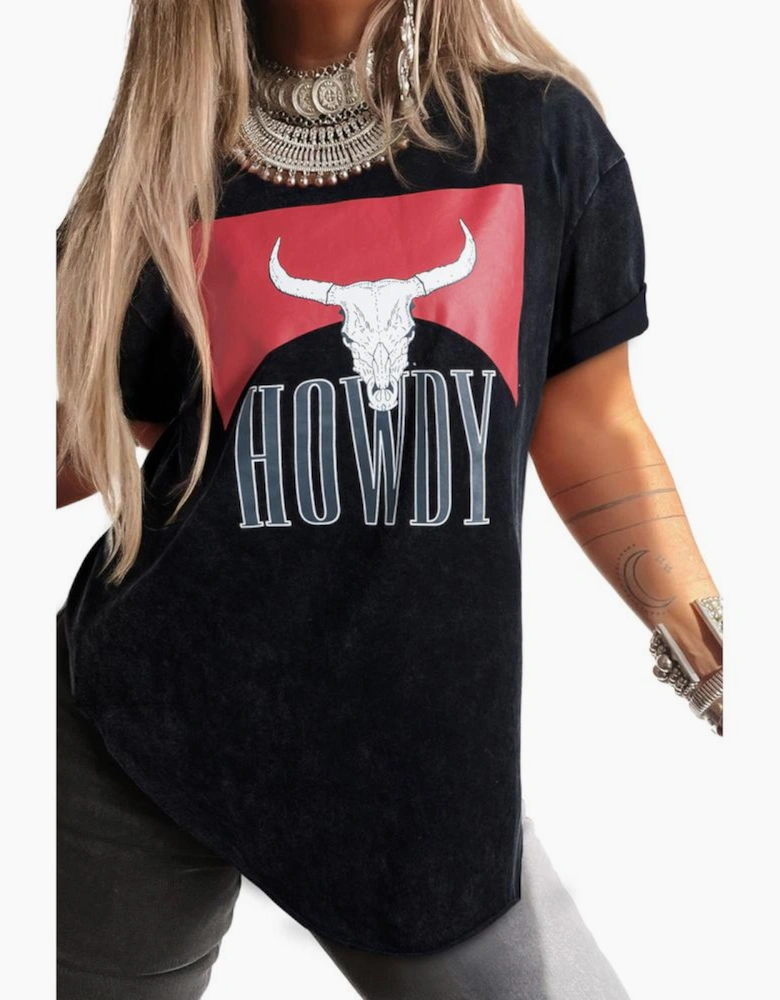 Black Western HOWDY Steer Head Print Side Slits Loose Fit T Shirt