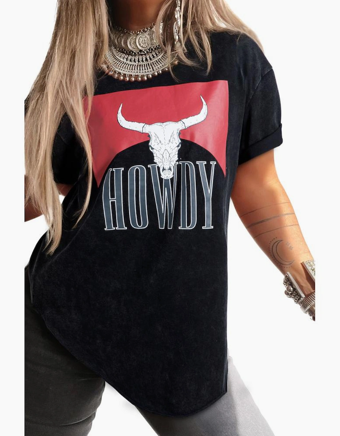 Black Western HOWDY Steer Head Print Side Slits Loose Fit T Shirt, 11 of 10