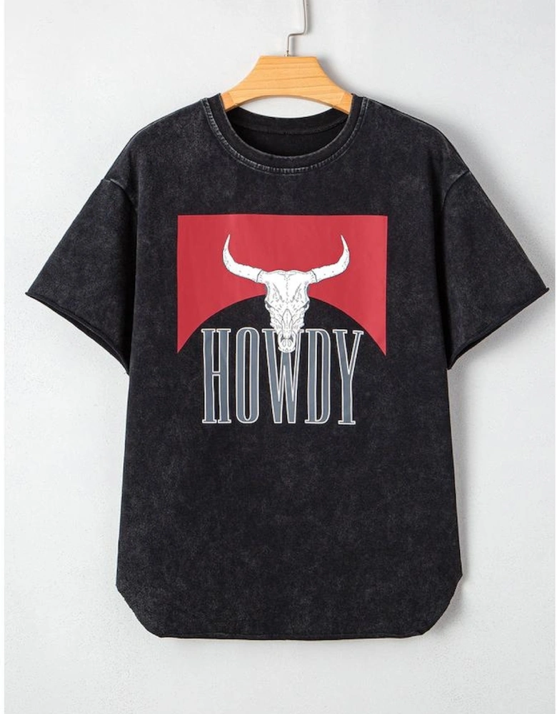 Black Western HOWDY Steer Head Print Side Slits Loose Fit T Shirt