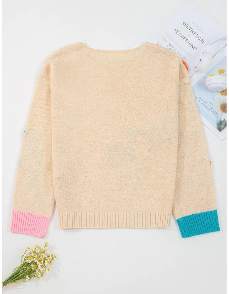 Jet Stream Contrast Flower Detail Colorblock Cuffed Loose Sweater