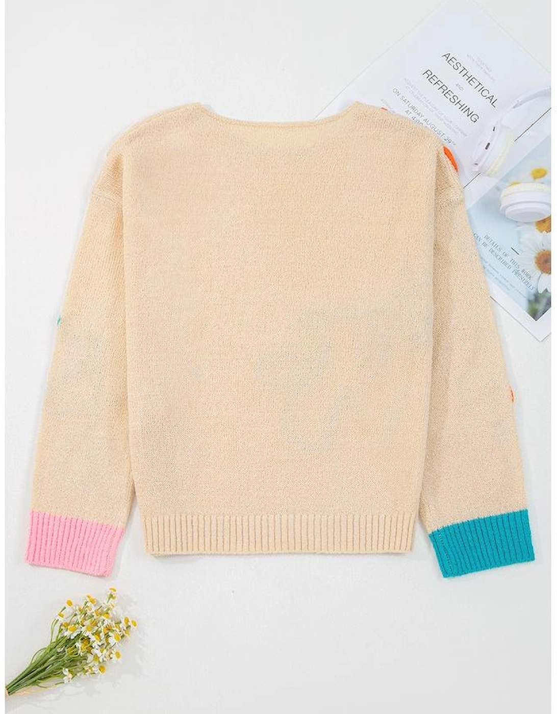 Jet Stream Contrast Flower Detail Colorblock Cuffed Loose Sweater