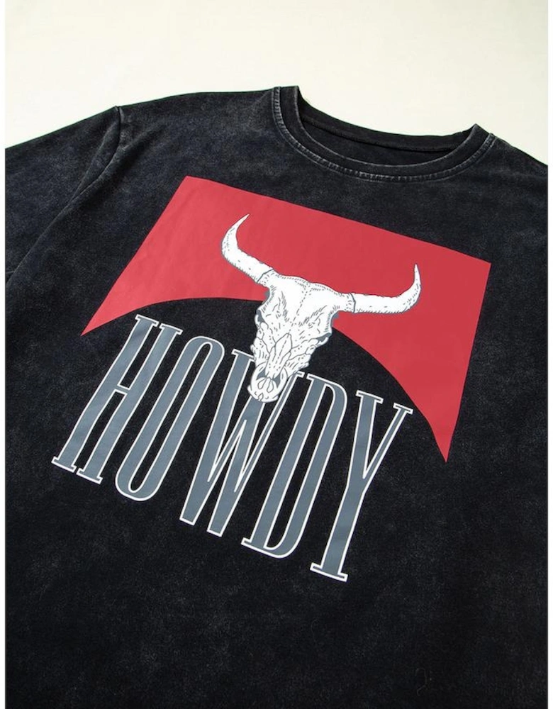 Black Western HOWDY Steer Head Print Side Slits Loose Fit T Shirt