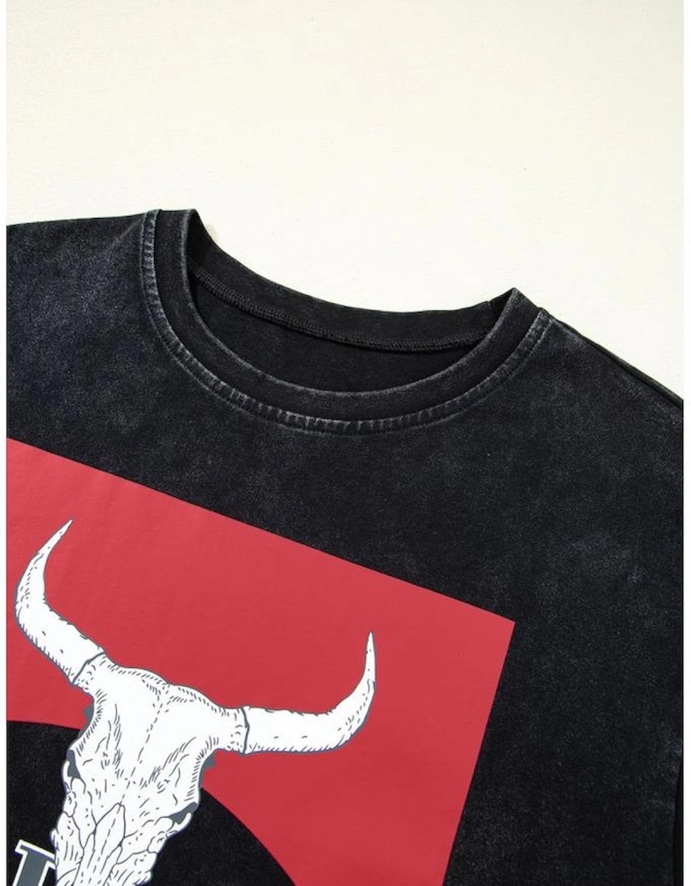 Black Western HOWDY Steer Head Print Side Slits Loose Fit T Shirt