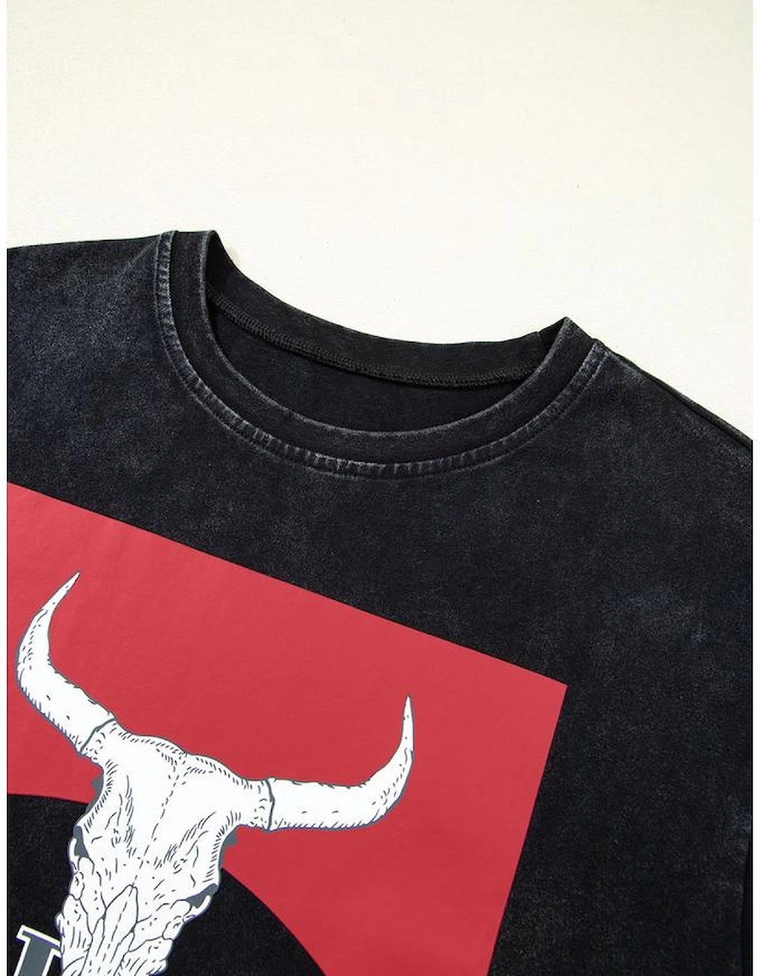 Black Western HOWDY Steer Head Print Side Slits Loose Fit T Shirt