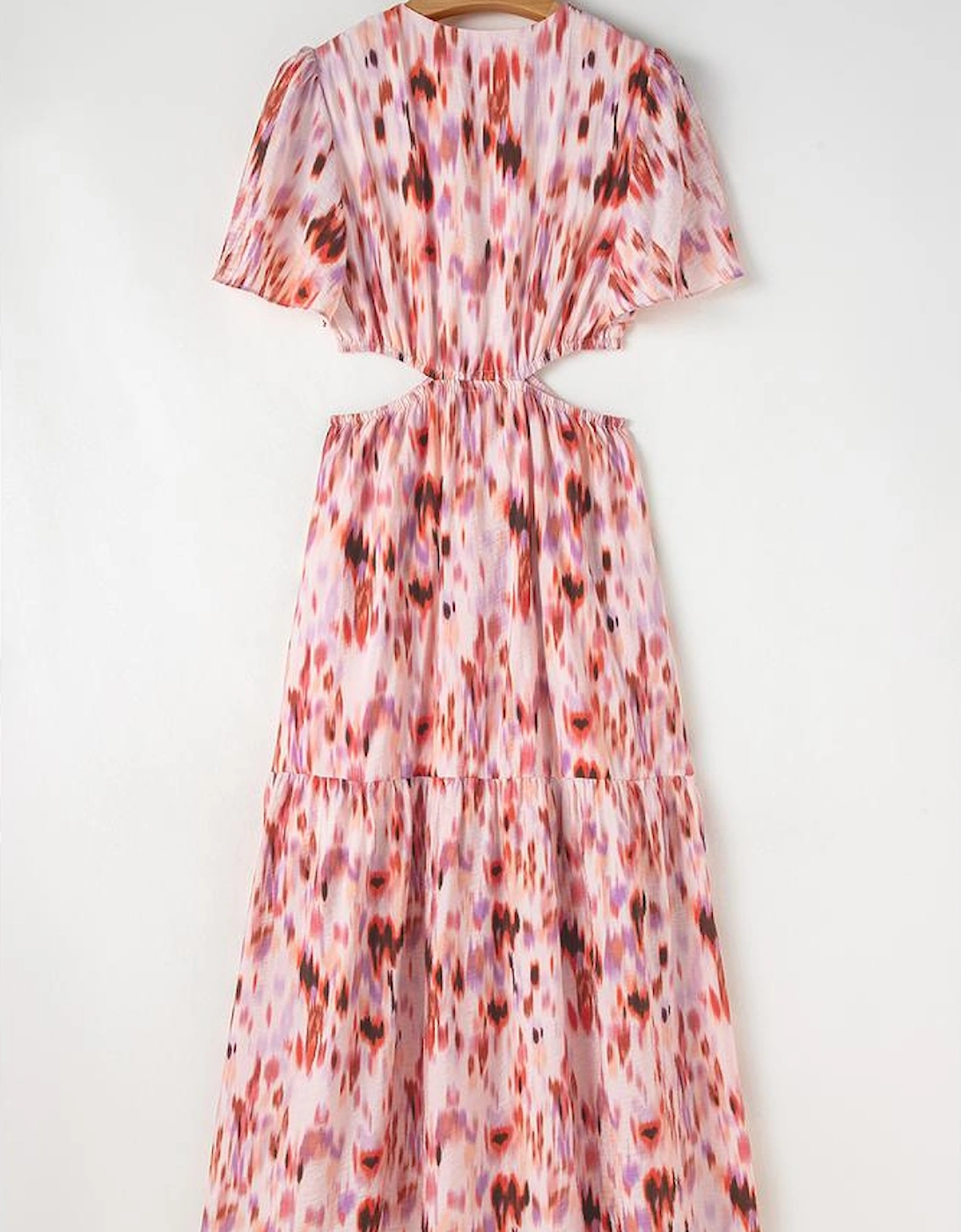 Pink Abstract Printed Flutter Sleeve Daring Cutout Long Dress