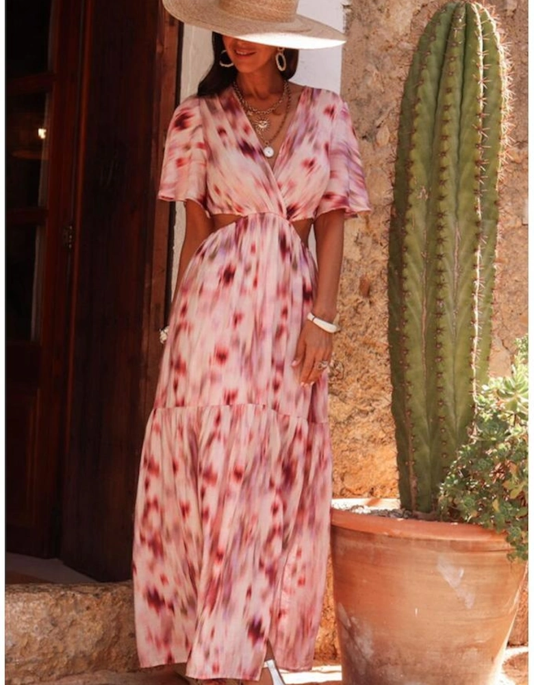 Pink Abstract Printed Flutter Sleeve Daring Cutout Long Dress