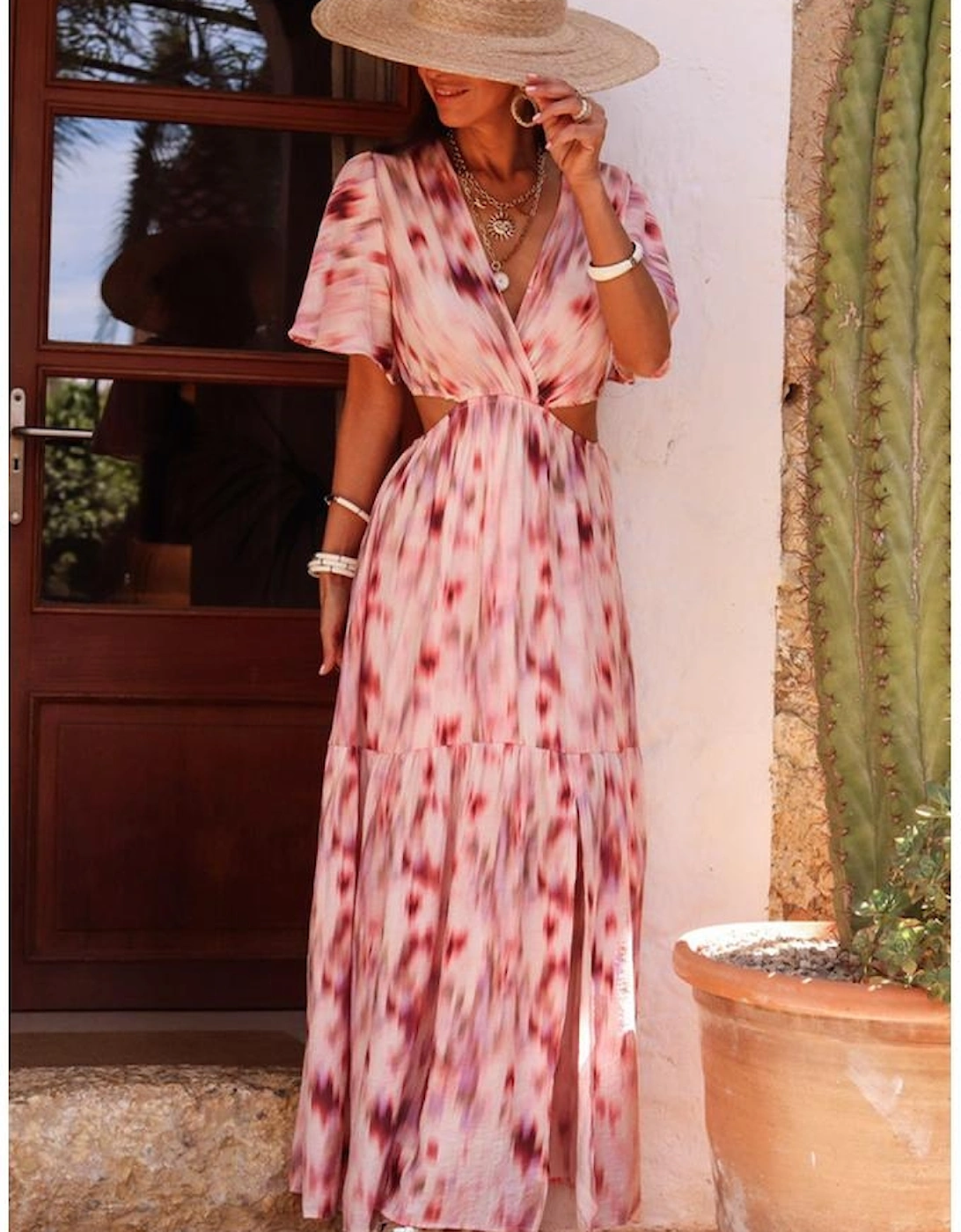 Pink Abstract Printed Flutter Sleeve Daring Cutout Long Dress