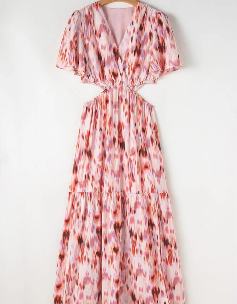 Pink Abstract Printed Flutter Sleeve Daring Cutout Long Dress