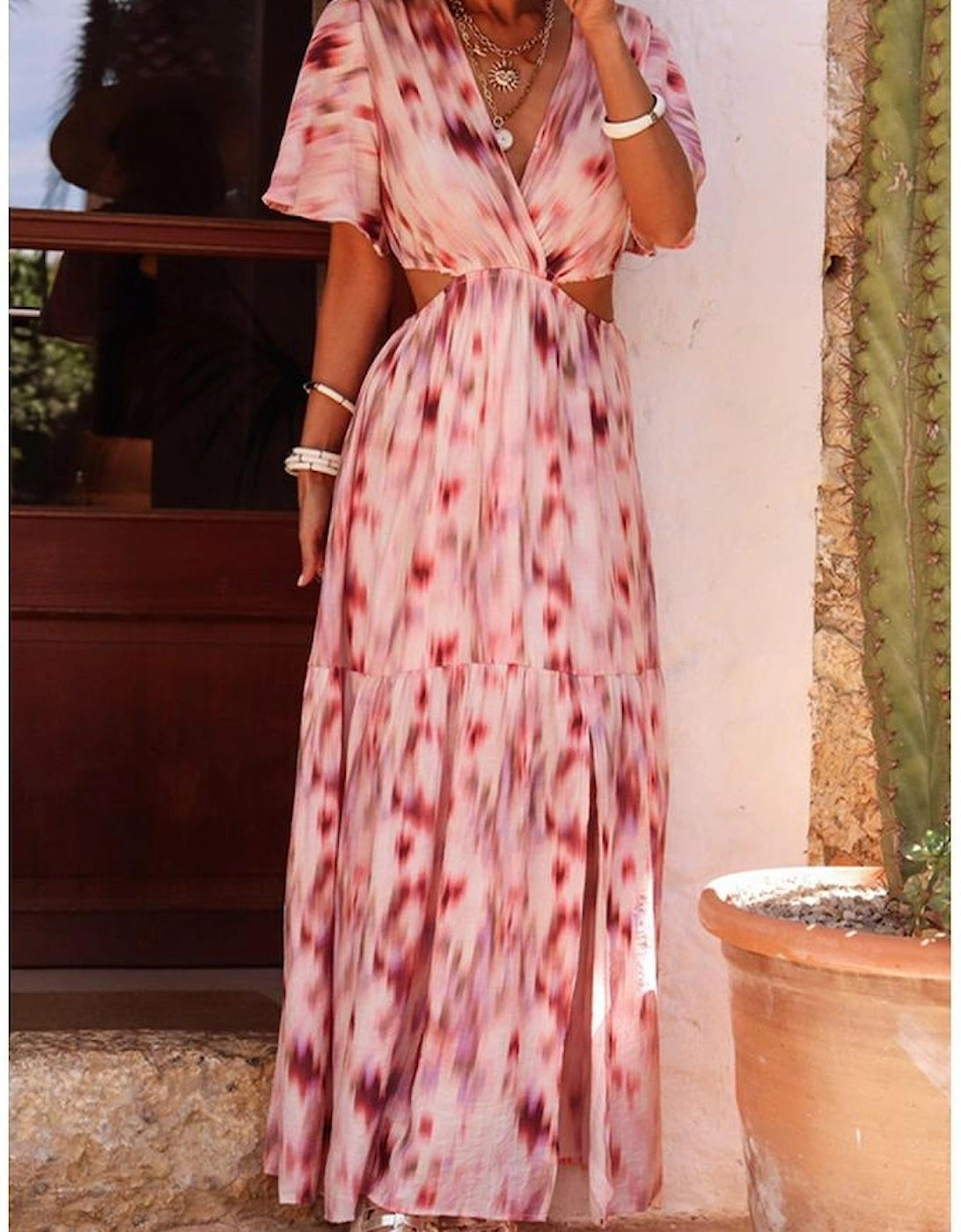 Pink Abstract Printed Flutter Sleeve Daring Cutout Long Dress