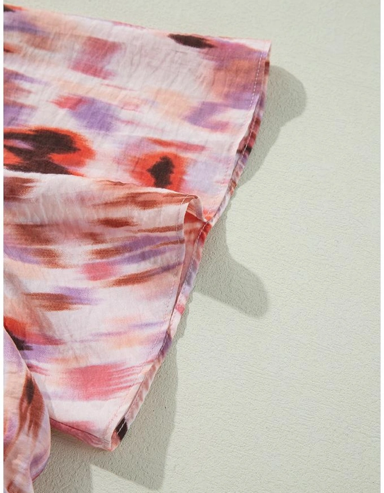 Pink Abstract Printed Flutter Sleeve Daring Cutout Long Dress