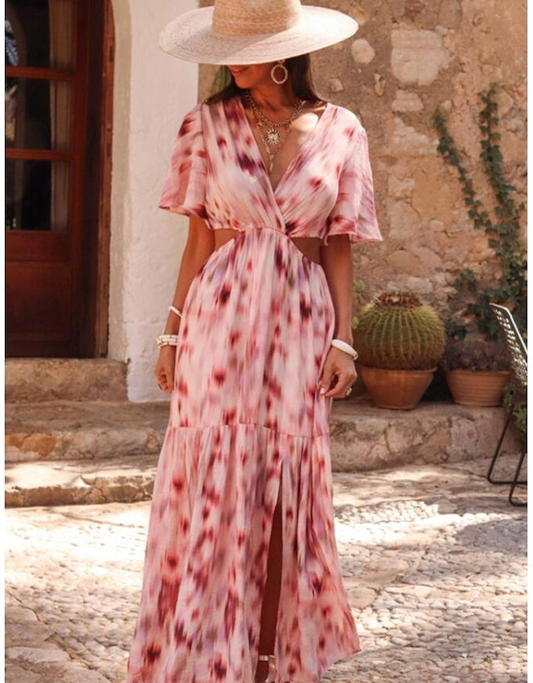 Pink Abstract Printed Flutter Sleeve Daring Cutout Long Dress