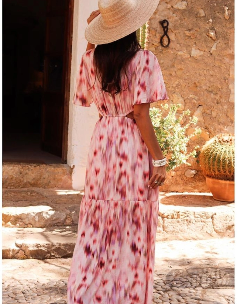 Pink Abstract Printed Flutter Sleeve Daring Cutout Long Dress