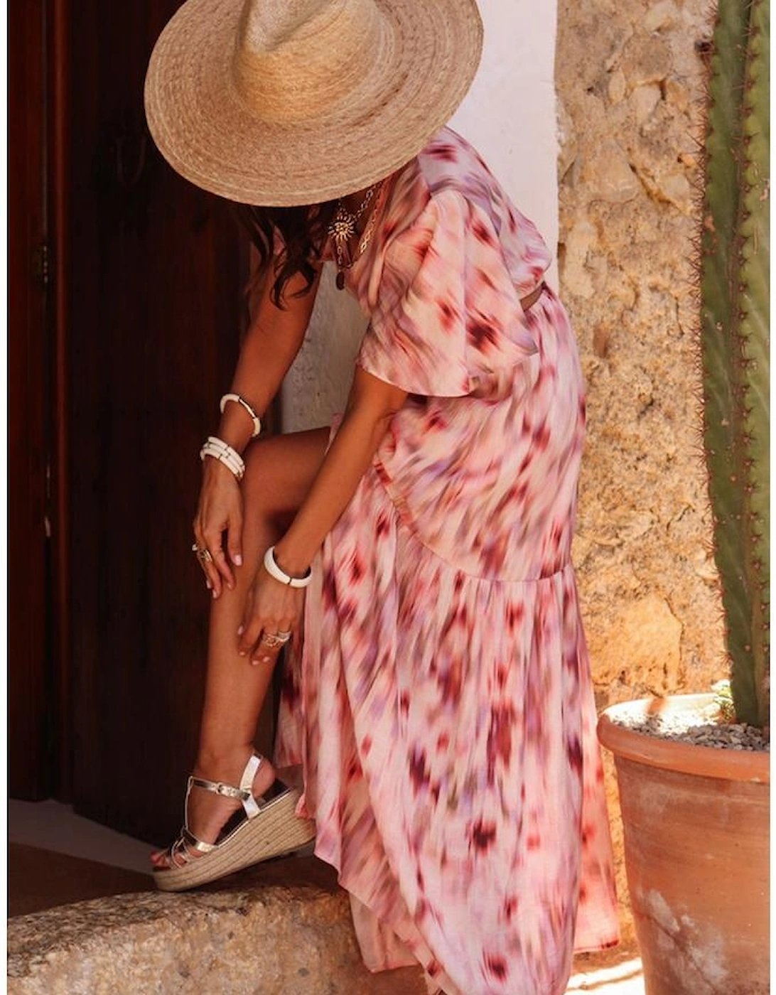 Pink Abstract Printed Flutter Sleeve Daring Cutout Long Dress