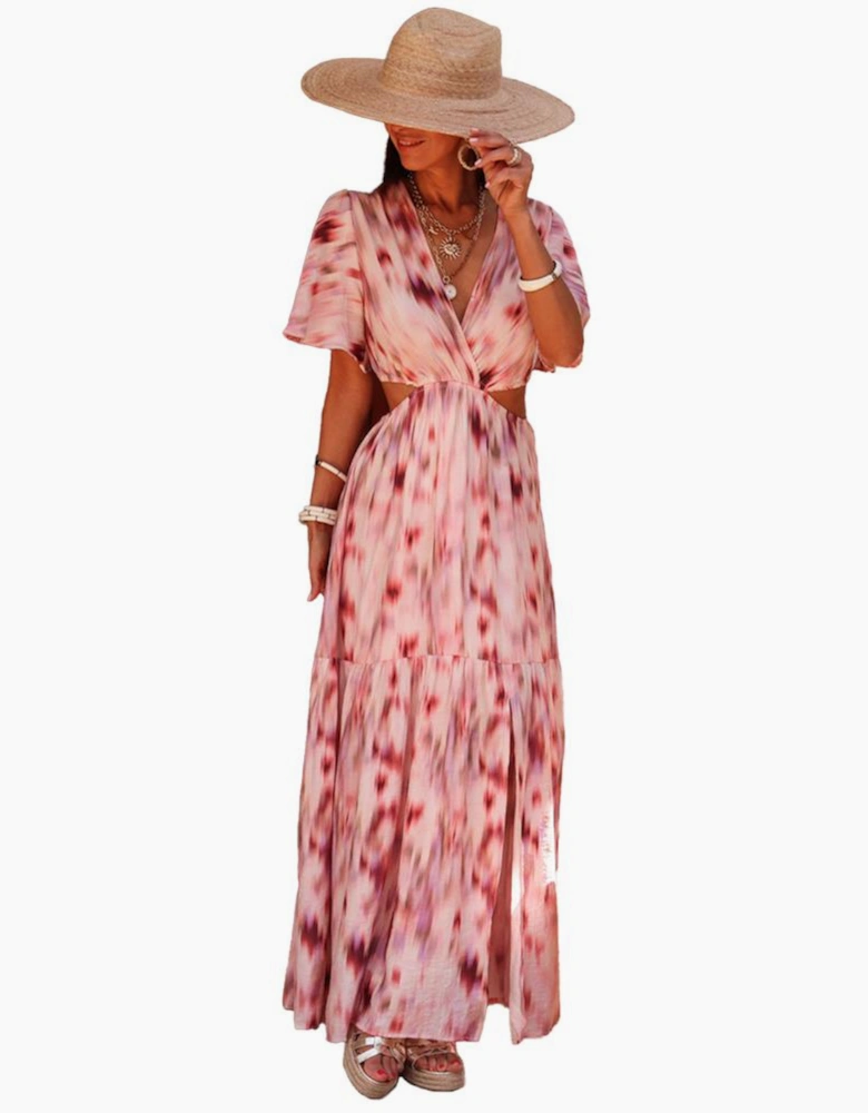 Pink Abstract Printed Flutter Sleeve Daring Cutout Long Dress
