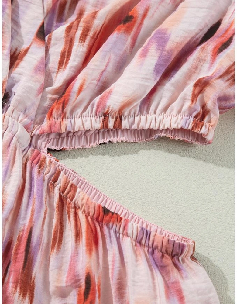 Pink Abstract Printed Flutter Sleeve Daring Cutout Long Dress