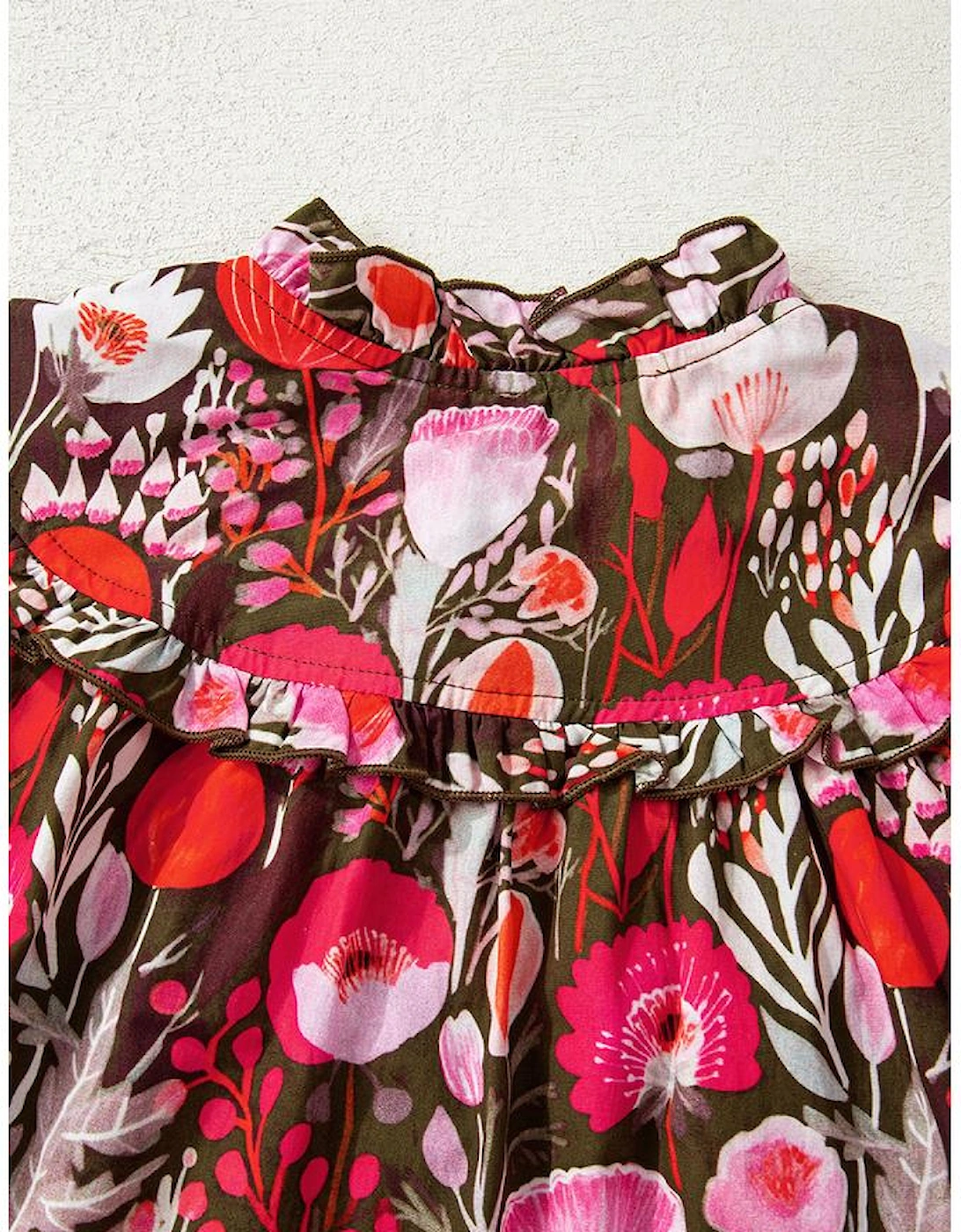 Red Floral Three Quarter Sleeve Lace-up Neck Blouse