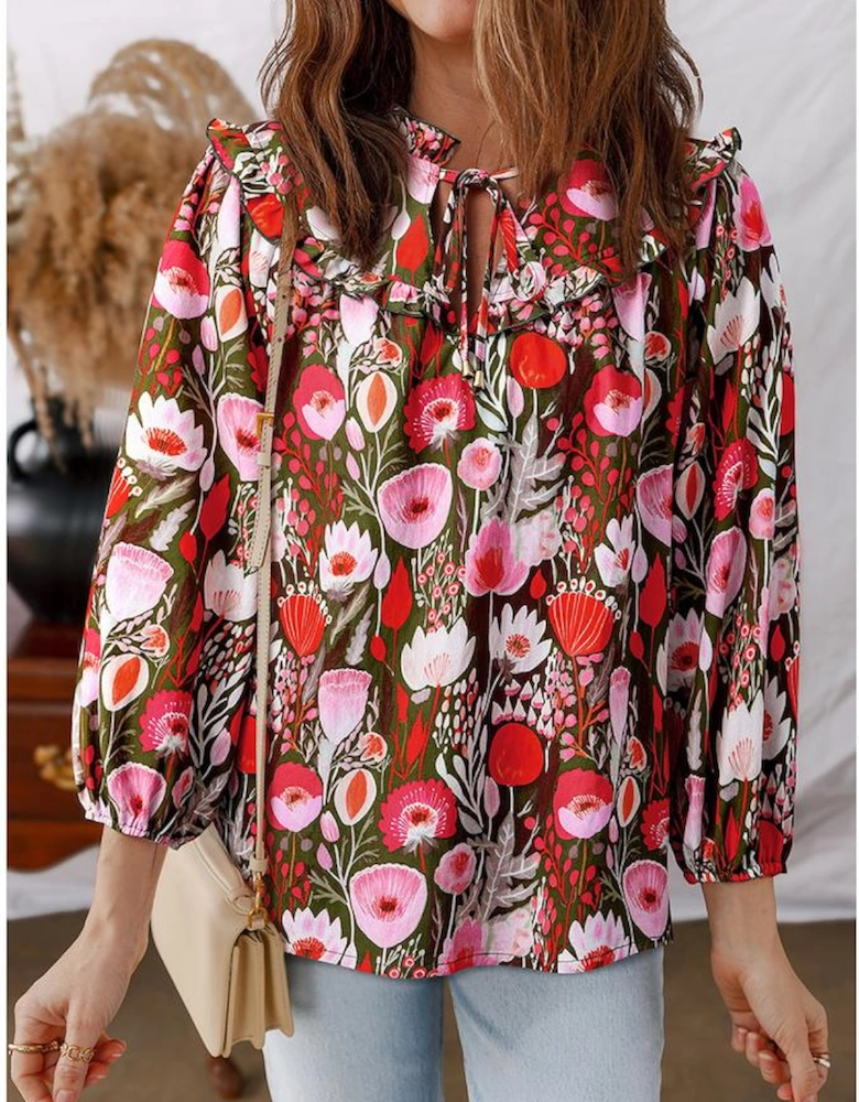 Red Floral Three Quarter Sleeve Lace-up Neck Blouse
