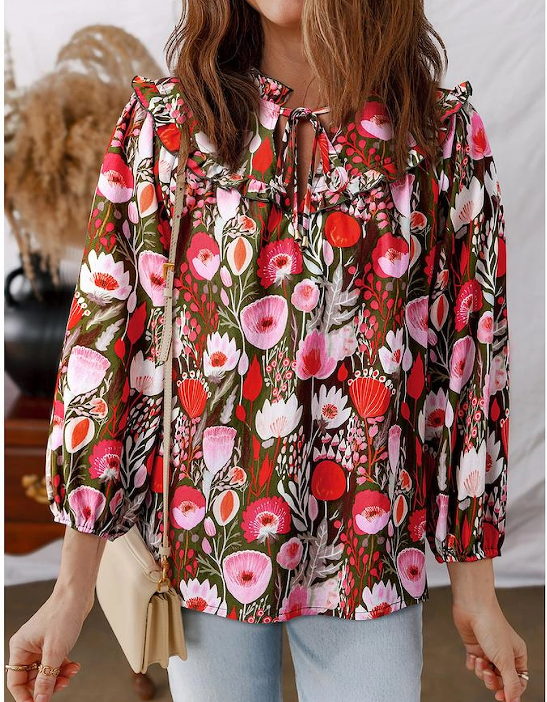 Red Floral Three Quarter Sleeve Lace-up Neck Blouse