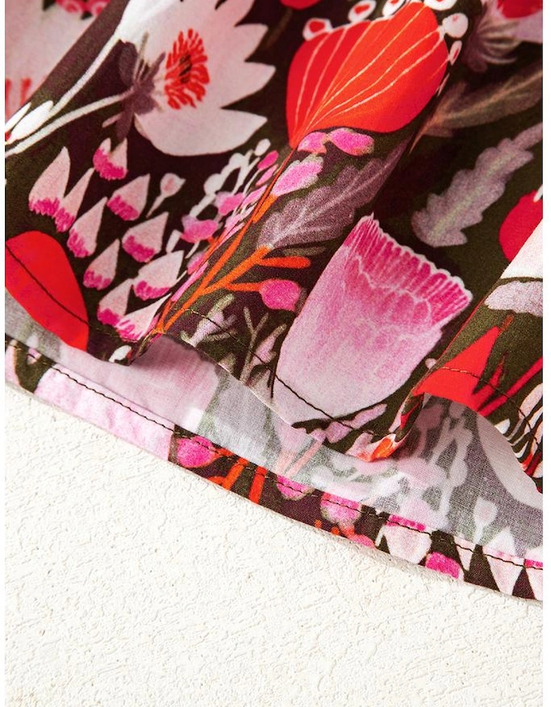 Red Floral Three Quarter Sleeve Lace-up Neck Blouse