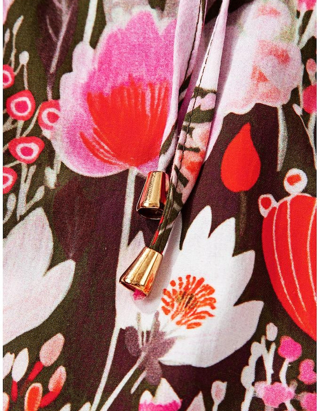 Red Floral Three Quarter Sleeve Lace-up Neck Blouse