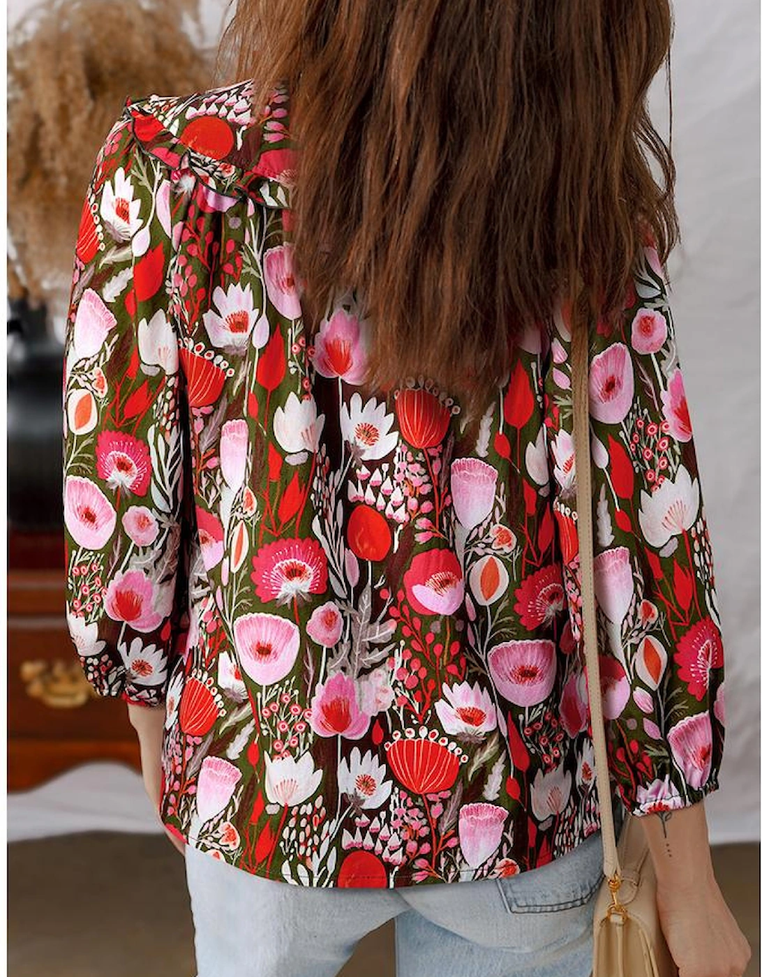 Red Floral Three Quarter Sleeve Lace-up Neck Blouse, 11 of 10