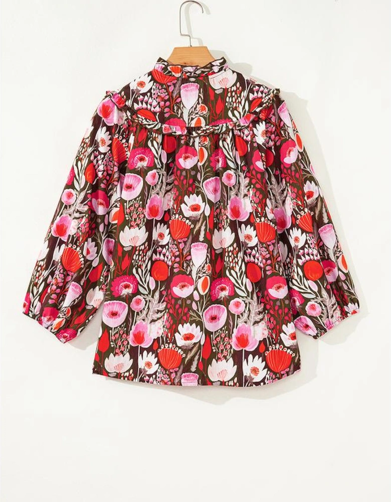 Red Floral Three Quarter Sleeve Lace-up Neck Blouse