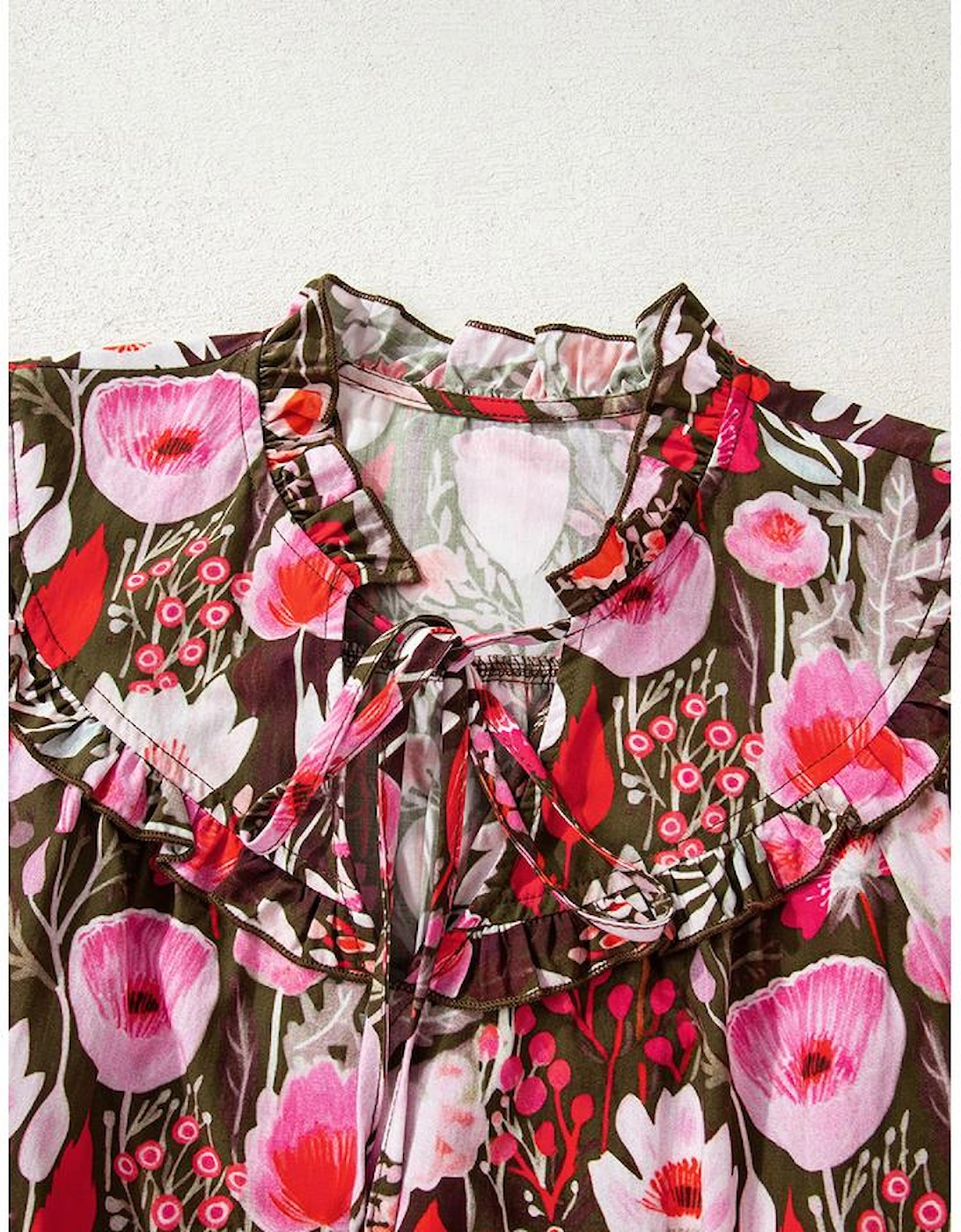 Red Floral Three Quarter Sleeve Lace-up Neck Blouse