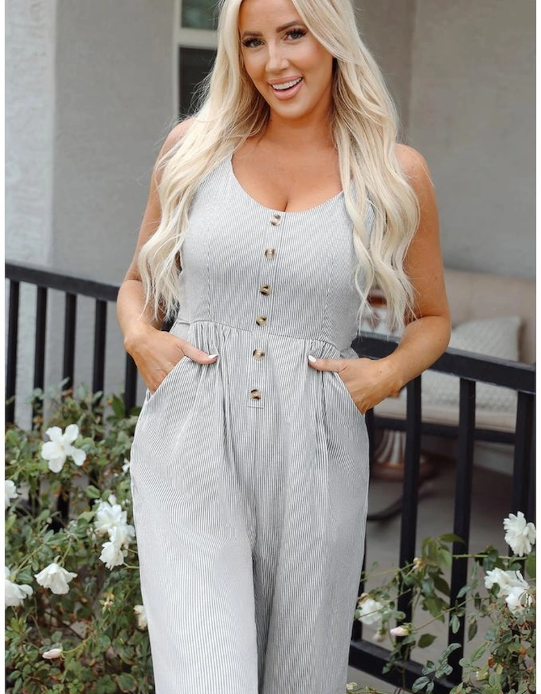 Black Stripe Half Buttoned Sleeveless Wide Leg Jumpsuit
