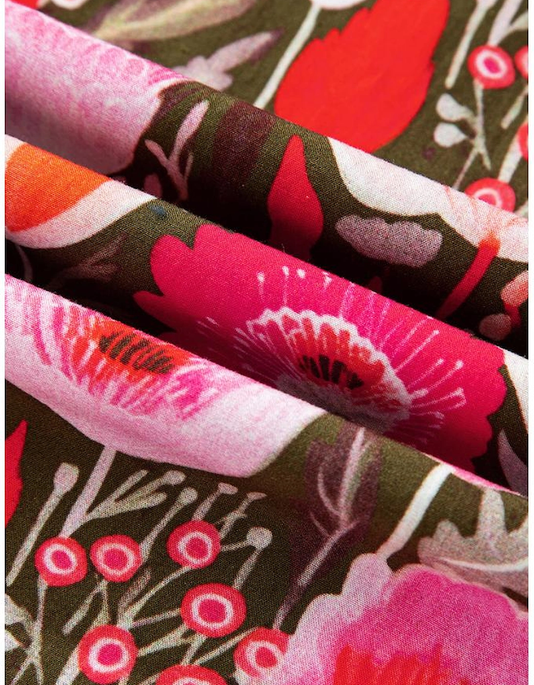 Red Floral Three Quarter Sleeve Lace-up Neck Blouse