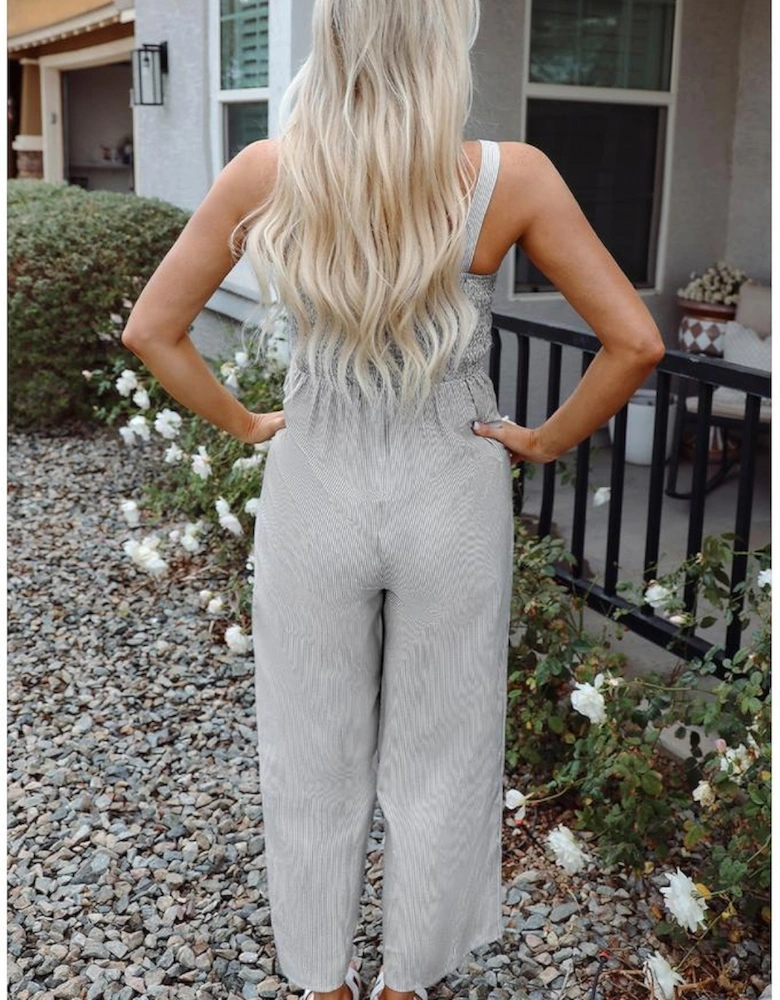 Black Stripe Half Buttoned Sleeveless Wide Leg Jumpsuit