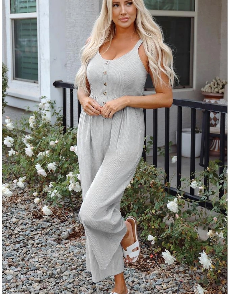 Black Stripe Half Buttoned Sleeveless Wide Leg Jumpsuit
