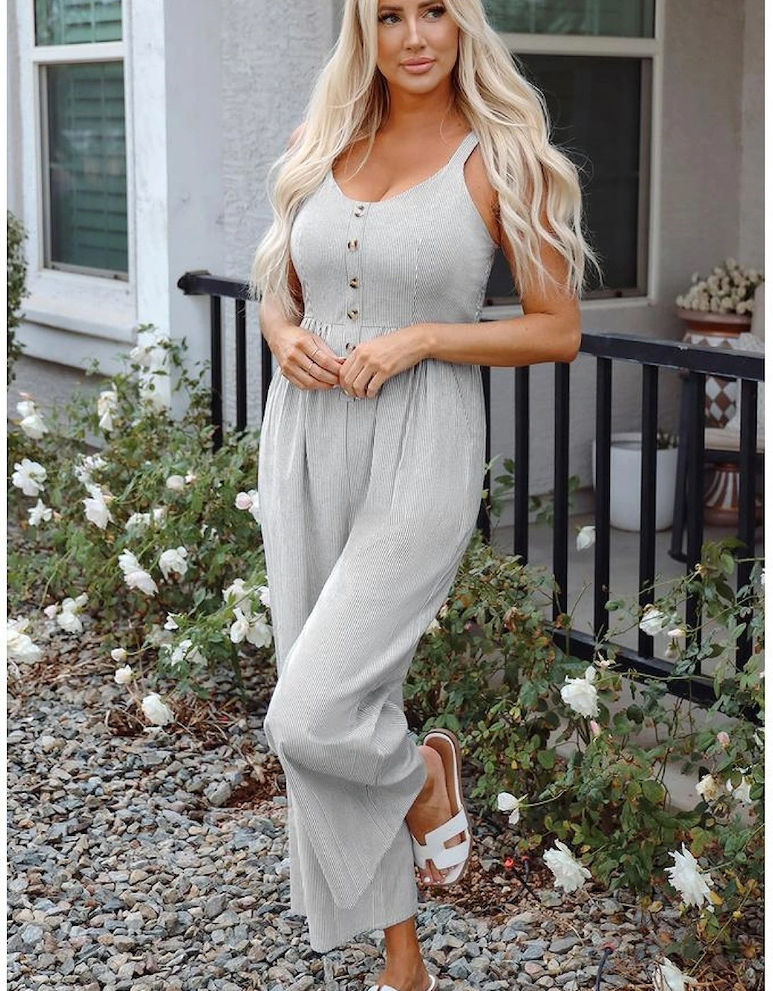 Black Stripe Half Buttoned Sleeveless Wide Leg Jumpsuit
